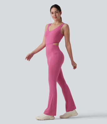 Halara UltraSculpt™ Crisscross Backless Tummy Control Butt Lifting Scrunch Non-Removable Pad Workout Flare Jumpsuit with Pockets-Easy Peezy