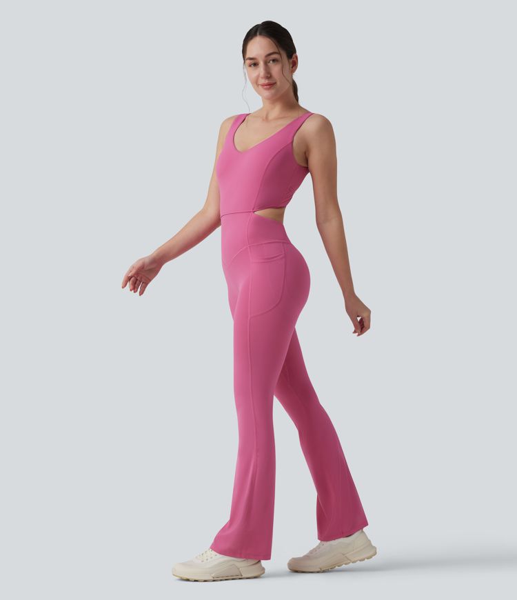 Halara UltraSculpt™ Crisscross Backless Tummy Control Butt Lifting Scrunch Non-Removable Pad Workout Flare Jumpsuit with Pockets-Easy Peezy