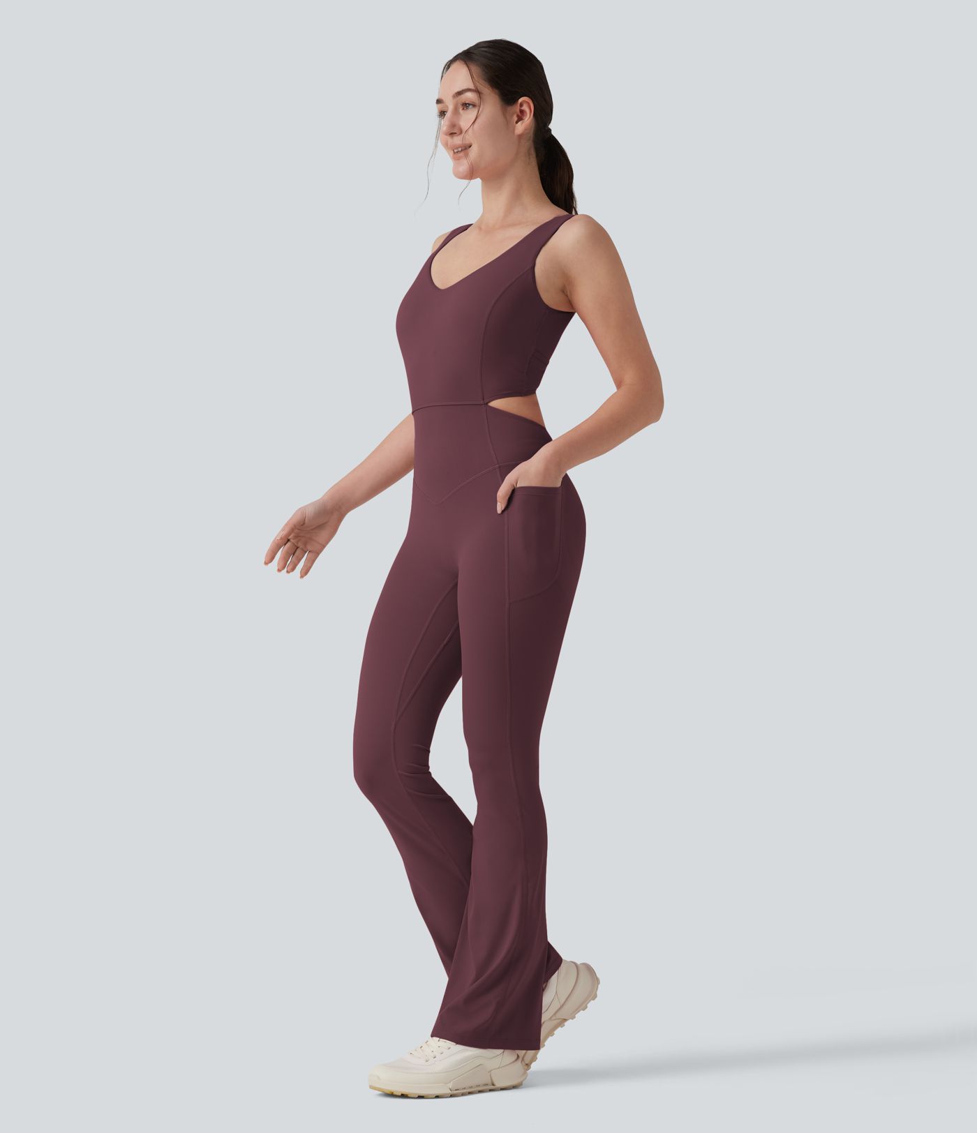 Halara UltraSculpt™ Crisscross Backless Tummy Control Butt Lifting Scrunch Non-Removable Pad Workout Flare Jumpsuit with Pockets-Easy Peezy
