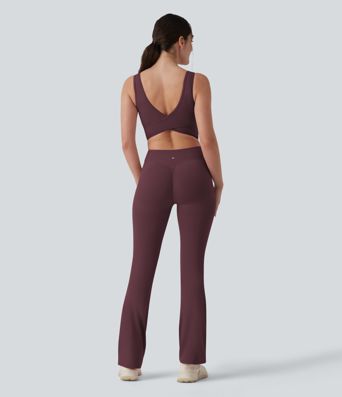 Halara UltraSculpt™ Crisscross Backless Tummy Control Butt Lifting Scrunch Non-Removable Pad Workout Flare Jumpsuit with Pockets-Easy Peezy