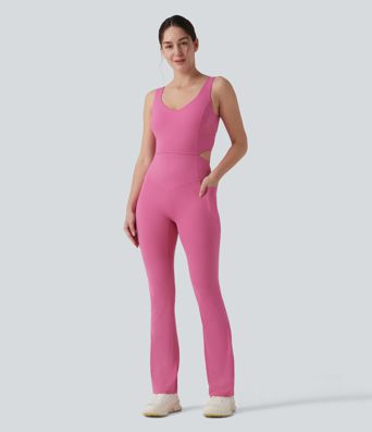 Halara UltraSculpt™ Crisscross Backless Tummy Control Butt Lifting Scrunch Non-Removable Pad Workout Flare Jumpsuit with Pockets-Easy Peezy