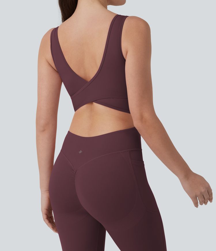 Halara UltraSculpt™ Crisscross Backless Tummy Control Butt Lifting Scrunch Non-Removable Pad Workout Flare Jumpsuit with Pockets-Easy Peezy