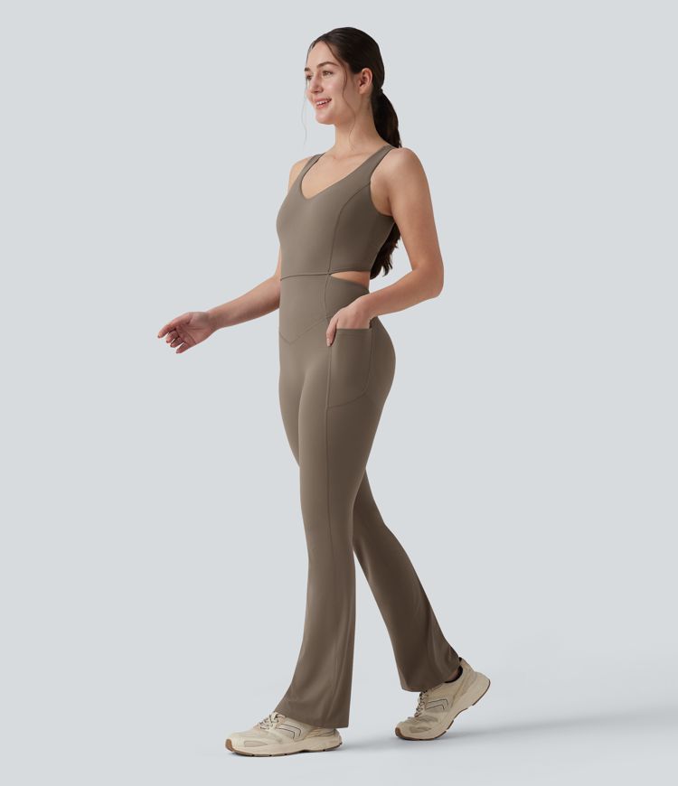 Halara UltraSculpt™ Crisscross Backless Tummy Control Butt Lifting Scrunch Non-Removable Pad Workout Flare Jumpsuit with Pockets-Easy Peezy