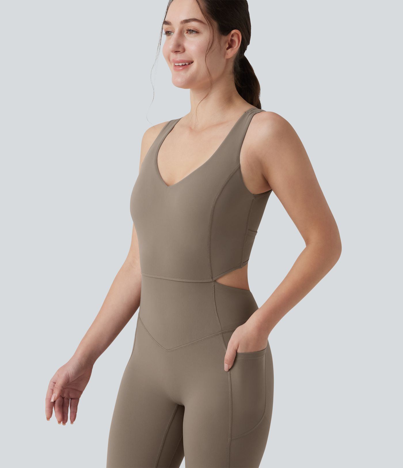 Halara UltraSculpt™ Crisscross Backless Tummy Control Butt Lifting Scrunch Non-Removable Pad Workout Flare Jumpsuit with Pockets-Easy Peezy