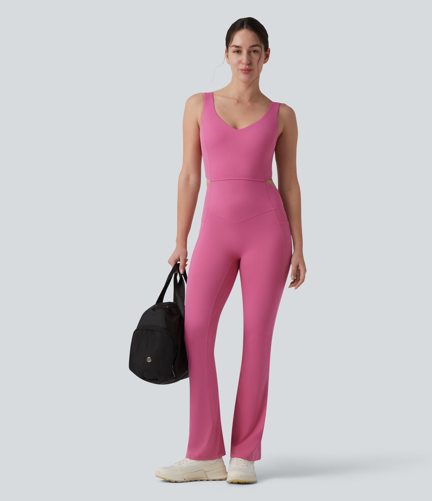 Halara UltraSculpt™ Crisscross Backless Tummy Control Butt Lifting Scrunch Non-Removable Pad Workout Flare Jumpsuit with Pockets-Easy Peezy