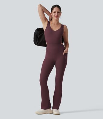 Halara UltraSculpt™ Crisscross Backless Tummy Control Butt Lifting Scrunch Non-Removable Pad Workout Flare Jumpsuit with Pockets-Easy Peezy
