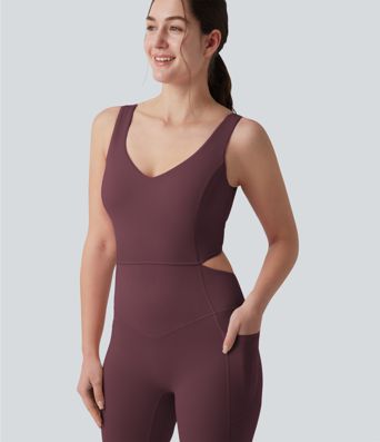 Halara UltraSculpt™ Crisscross Backless Tummy Control Butt Lifting Scrunch Non-Removable Pad Workout Flare Jumpsuit with Pockets-Easy Peezy