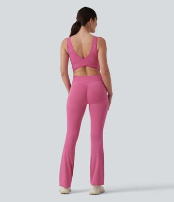 Halara UltraSculpt™ Crisscross Backless Tummy Control Butt Lifting Scrunch Non-Removable Pad Workout Flare Jumpsuit with Pockets-Easy Peezy