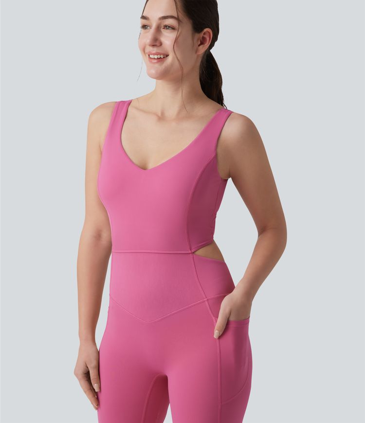 Halara UltraSculpt™ Crisscross Backless Tummy Control Butt Lifting Scrunch Non-Removable Pad Workout Flare Jumpsuit with Pockets-Easy Peezy