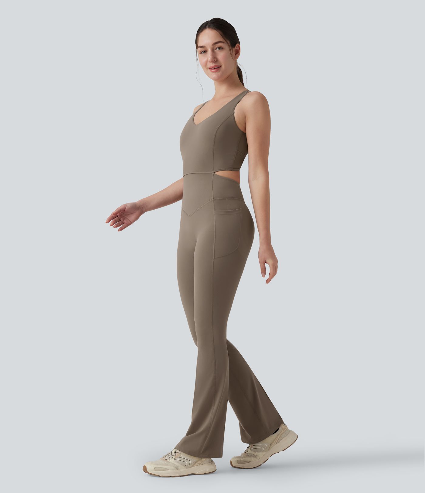 Halara UltraSculpt™ Crisscross Backless Tummy Control Butt Lifting Scrunch Non-Removable Pad Workout Flare Jumpsuit with Pockets-Easy Peezy