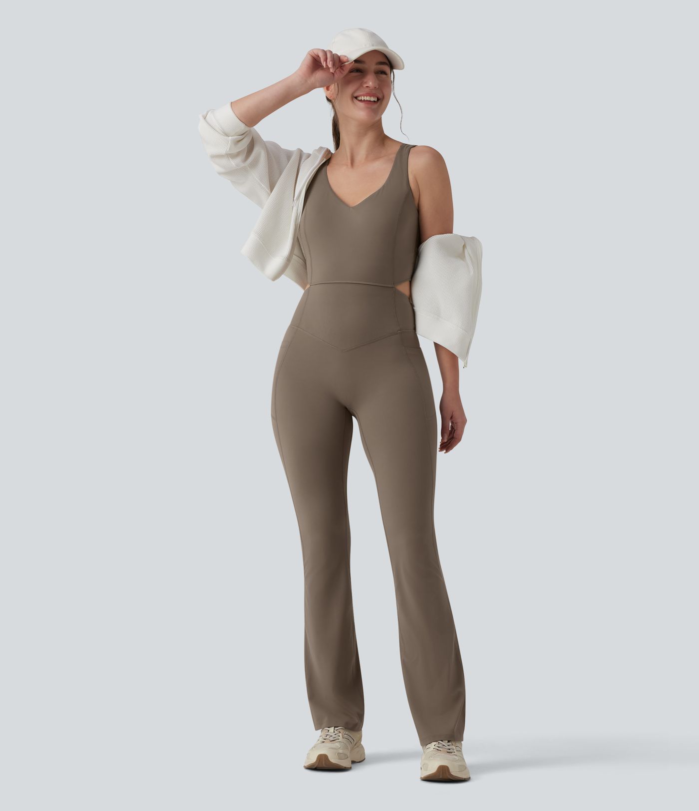Halara UltraSculpt™ Crisscross Backless Tummy Control Butt Lifting Scrunch Non-Removable Pad Workout Flare Jumpsuit with Pockets-Easy Peezy