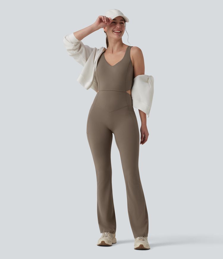 Halara UltraSculpt™ Crisscross Backless Tummy Control Butt Lifting Scrunch Non-Removable Pad Workout Flare Jumpsuit with Pockets-Easy Peezy