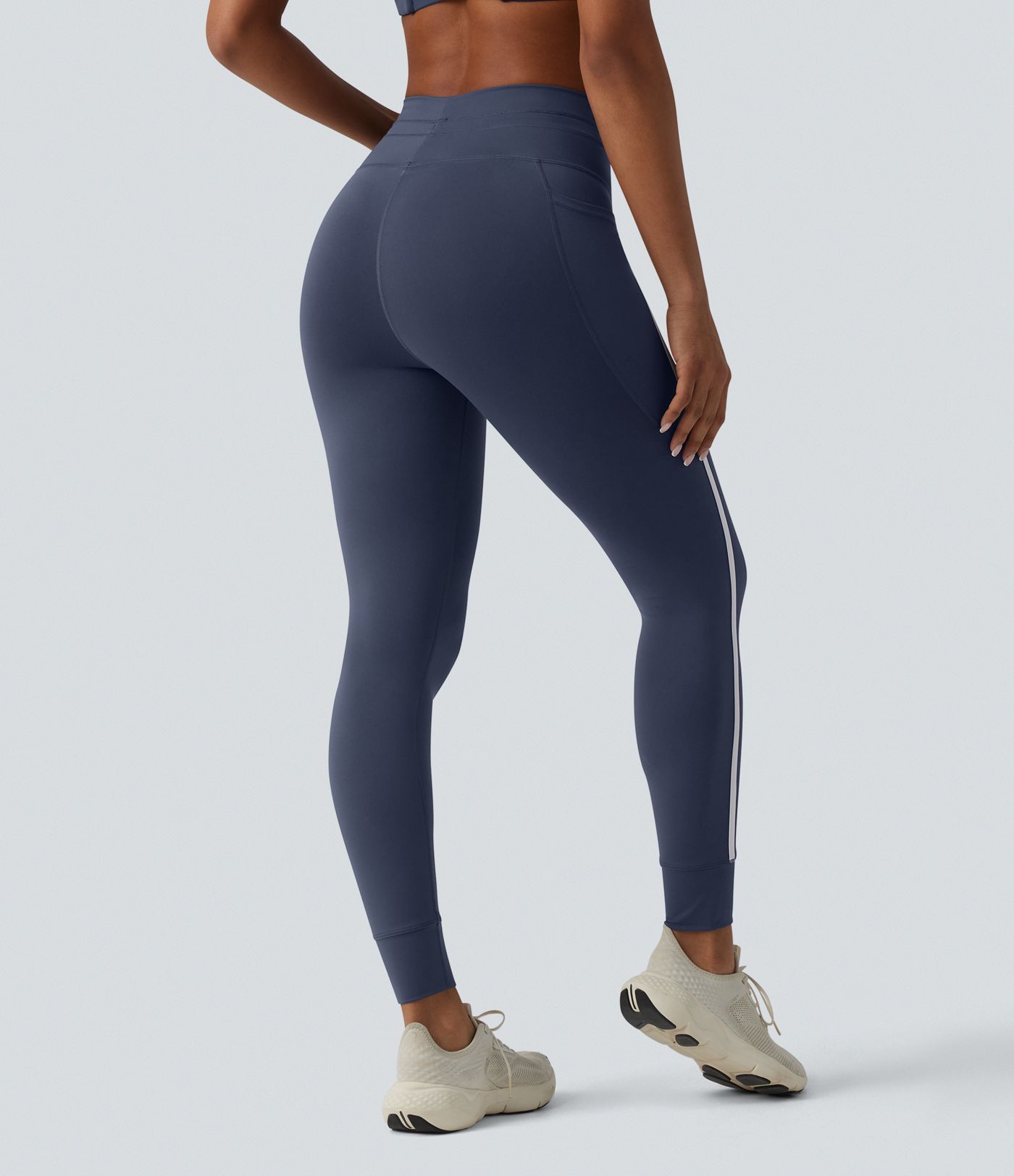 High Waisted Drawstring Tummy Control Color Block Stripe 7/8 Yoga Leggings with Pockets