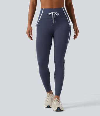 High Waisted Drawstring Tummy Control Color Block Stripe 7/8 Yoga Leggings with Pockets
