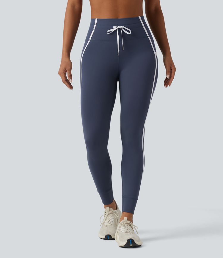 High Waisted Drawstring Tummy Control Color Block Stripe 7/8 Yoga Leggings with Pockets