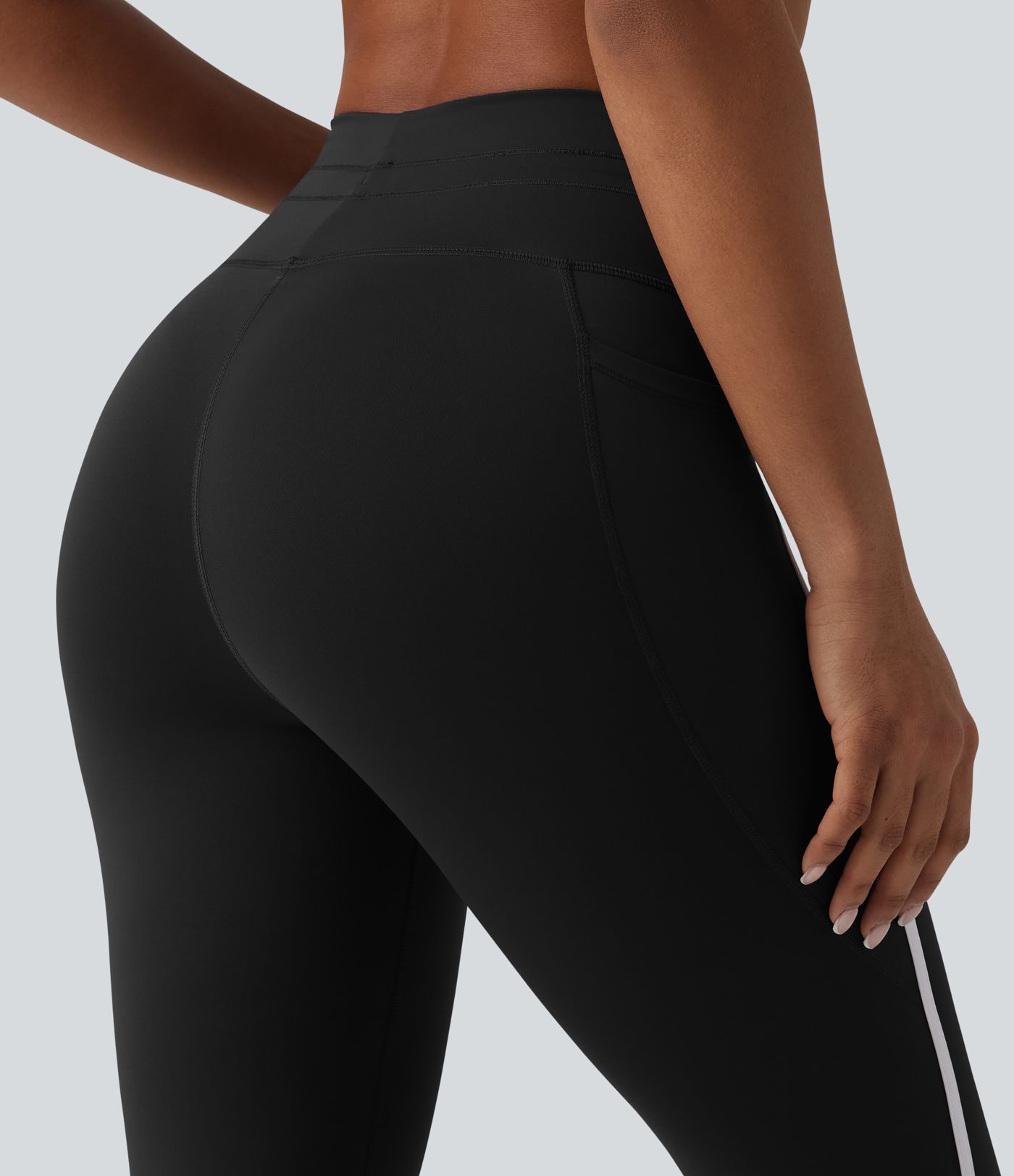 High Waisted Drawstring Tummy Control Color Block Stripe 7/8 Yoga Leggings with Pockets