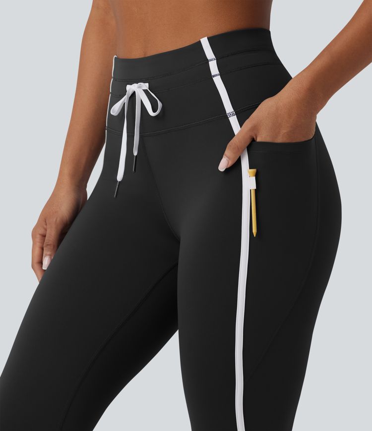 High Waisted Drawstring Tummy Control Color Block Stripe 7/8 Yoga Leggings with Pockets