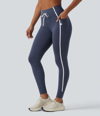 High Waisted Drawstring Tummy Control Color Block Stripe 7/8 Yoga Leggings with Pockets