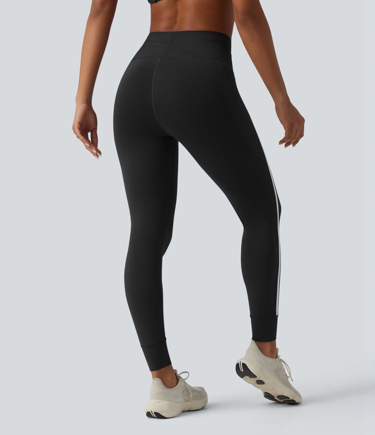 High Waisted Drawstring Tummy Control Color Block Stripe 7/8 Yoga Leggings with Pockets