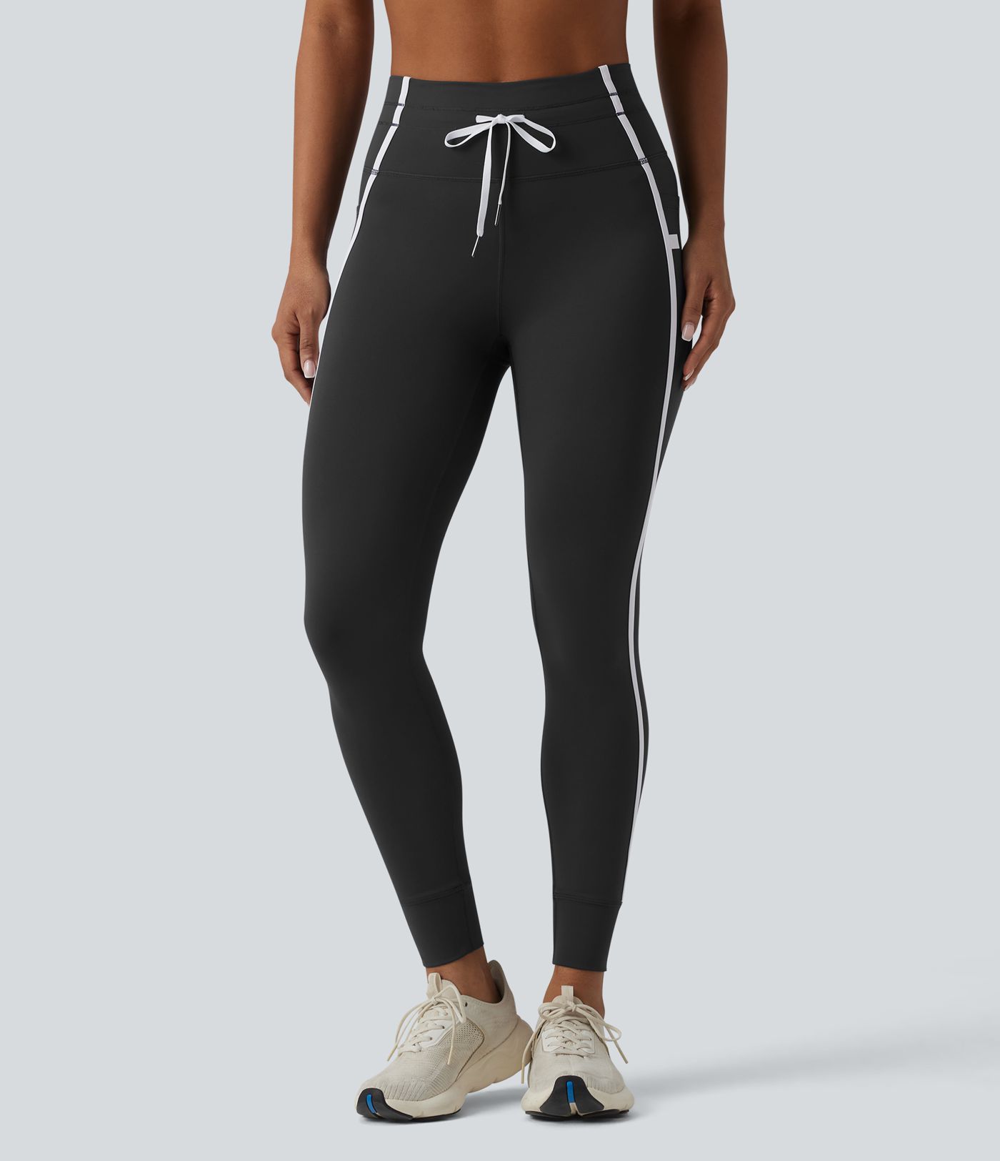 High Waisted Drawstring Tummy Control Color Block Stripe 7/8 Yoga Leggings with Pockets