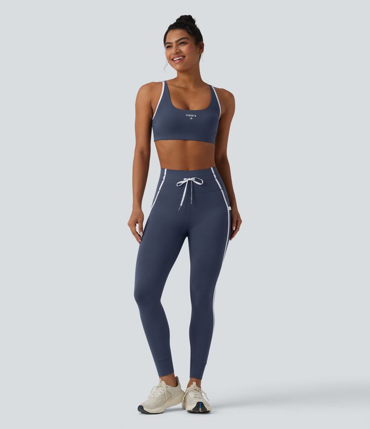 High Waisted Drawstring Tummy Control Color Block Stripe 7/8 Yoga Leggings with Pockets