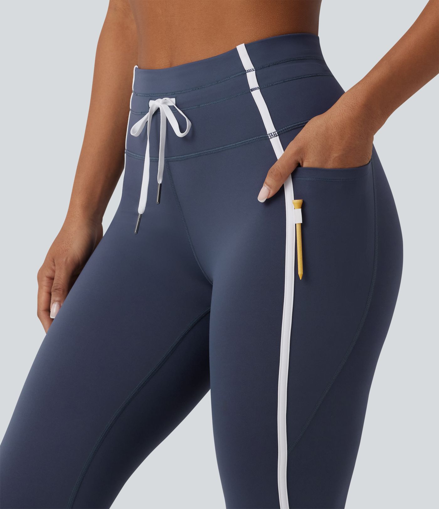 High Waisted Drawstring Tummy Control Color Block Stripe 7/8 Yoga Leggings with Pockets