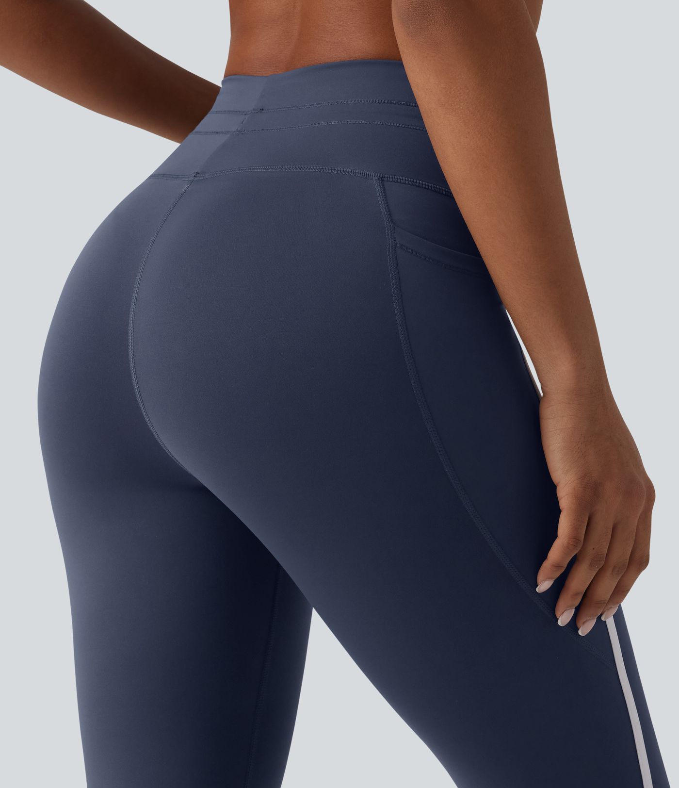 High Waisted Drawstring Tummy Control Color Block Stripe 7/8 Yoga Leggings with Pockets