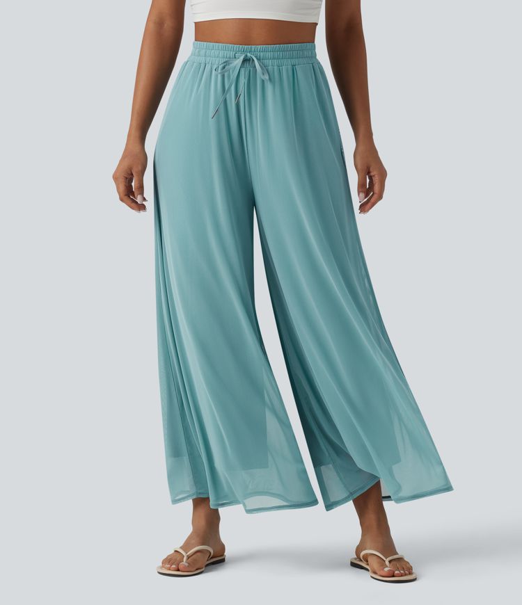 High Waisted Drawstring Wide Leg Flowy Mesh Casual Trousers with Pockets