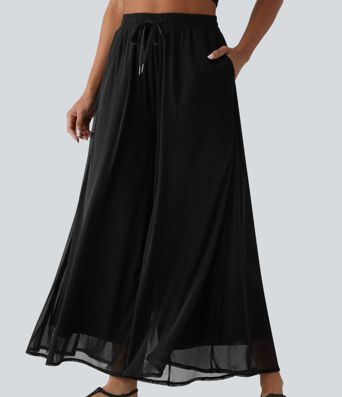 Pantalon large fluide décontracté mesh taille haute avec cordon de serrage et poches