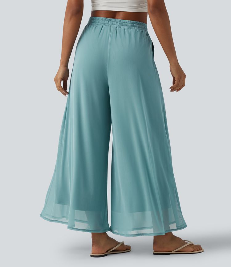 High Waisted Drawstring Wide Leg Flowy Mesh Casual Trousers with Pockets