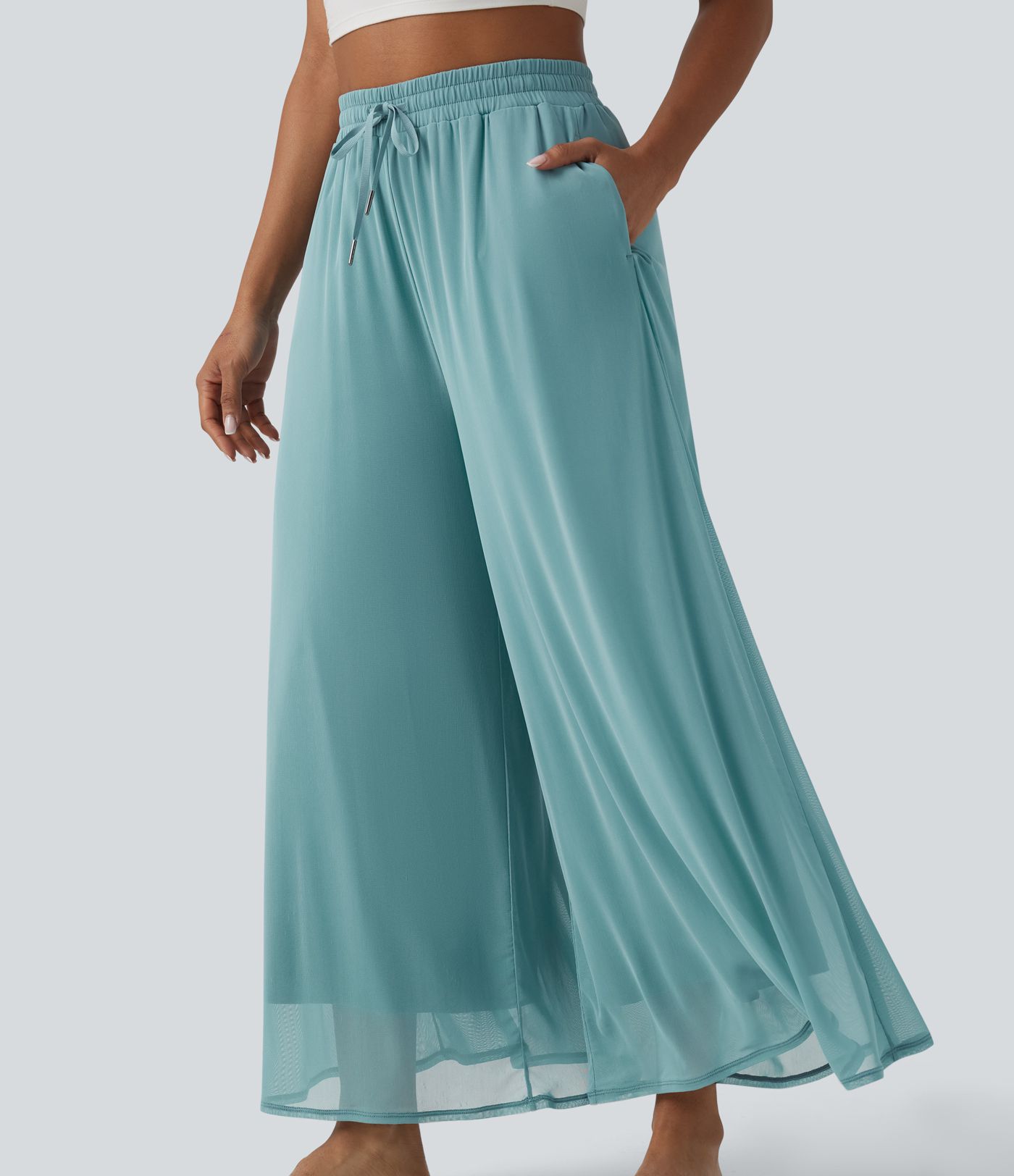 High Waisted Drawstring Wide Leg Flowy Mesh Casual Trousers with Pockets