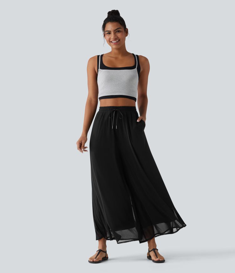 Pantalon large fluide décontracté mesh taille haute avec cordon de serrage et poches