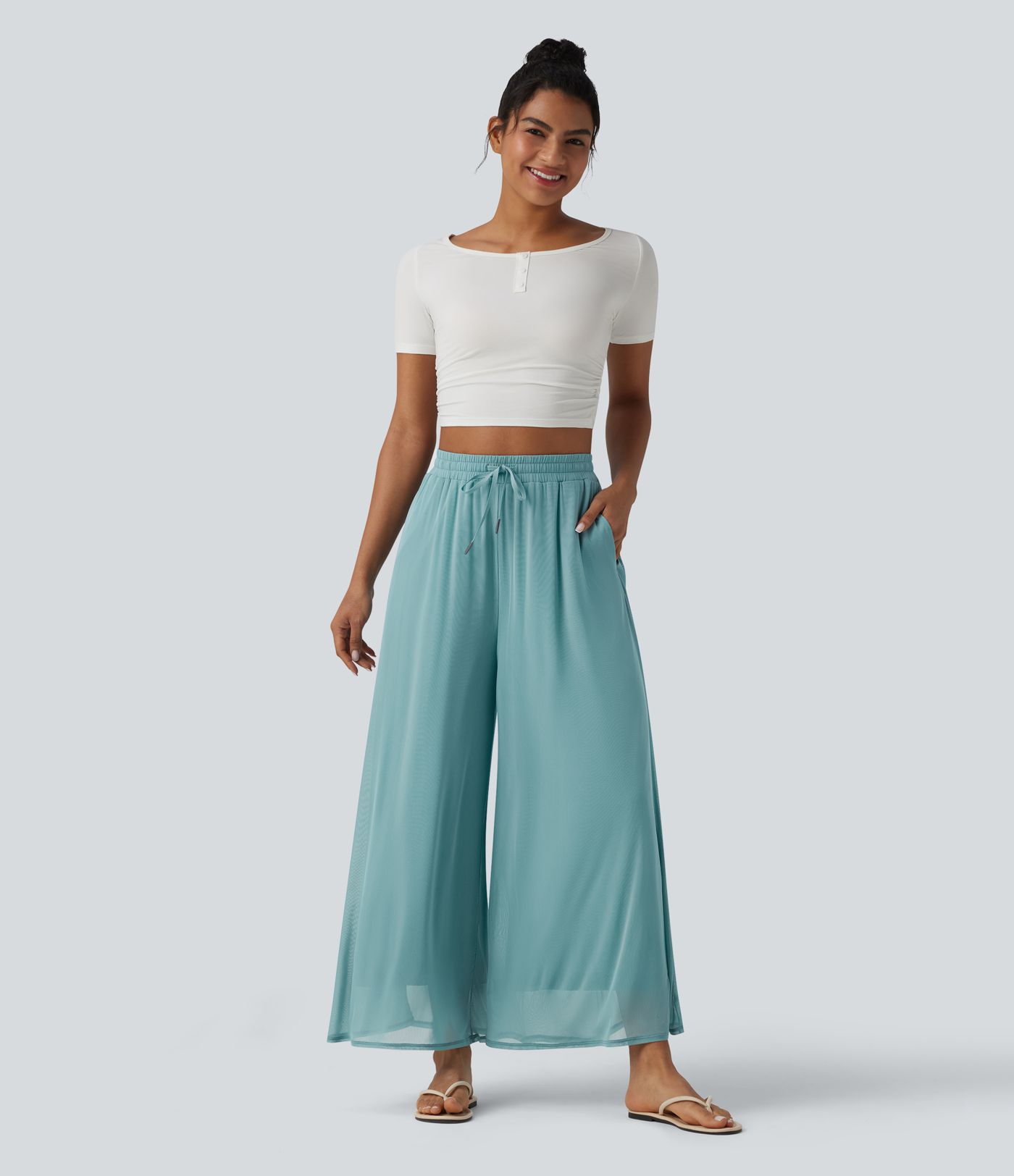 High Waisted Drawstring Wide Leg Flowy Mesh Casual Trousers with Pockets
