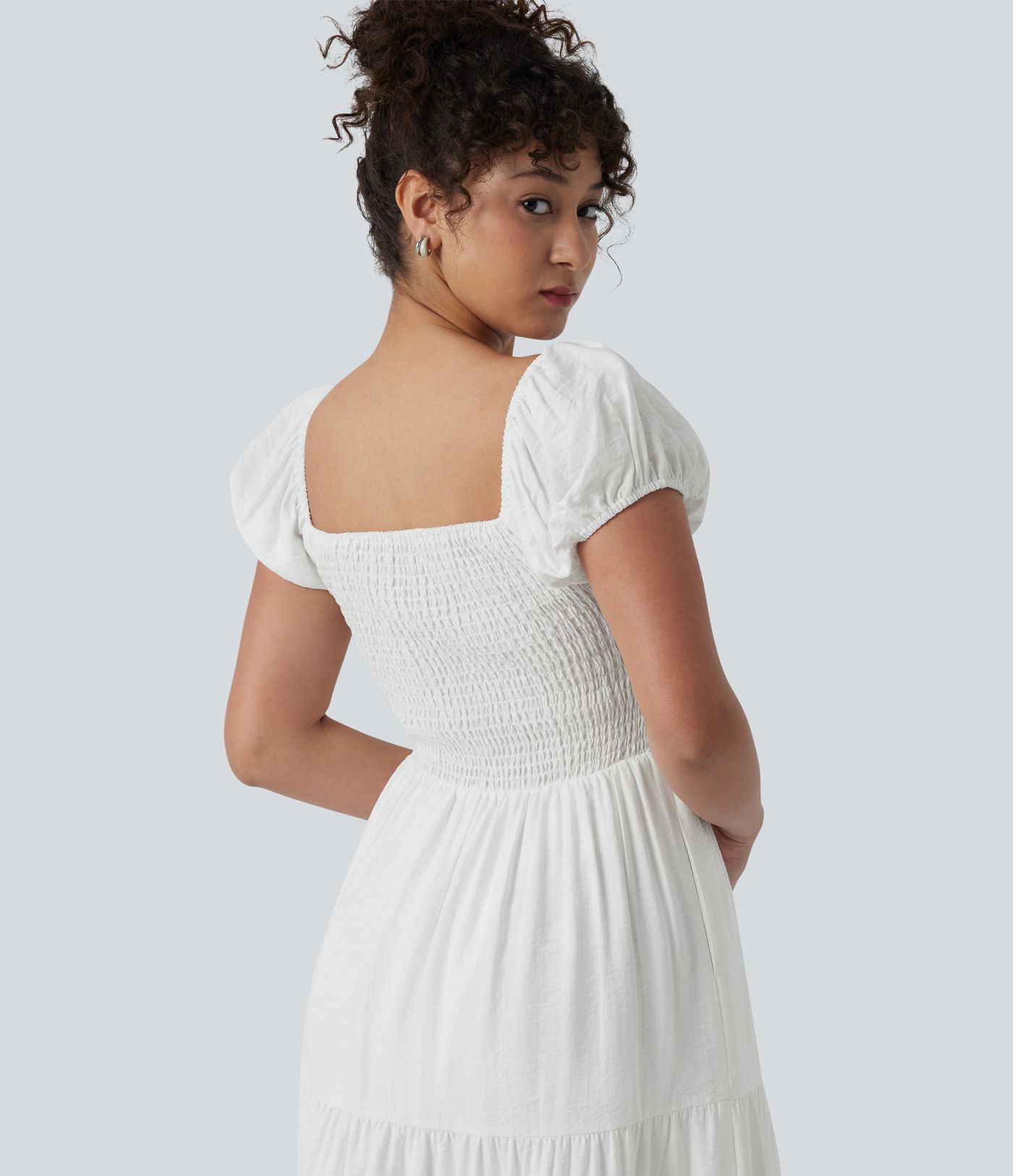 Queen Anne Neck Puff Sleeve Shirred Midi Casual Tiered Dress with Pockets