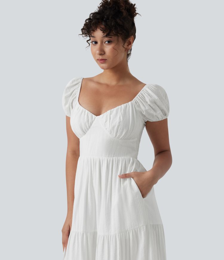 Queen Anne Neck Puff Sleeve Shirred Midi Casual Tiered Dress with Pockets