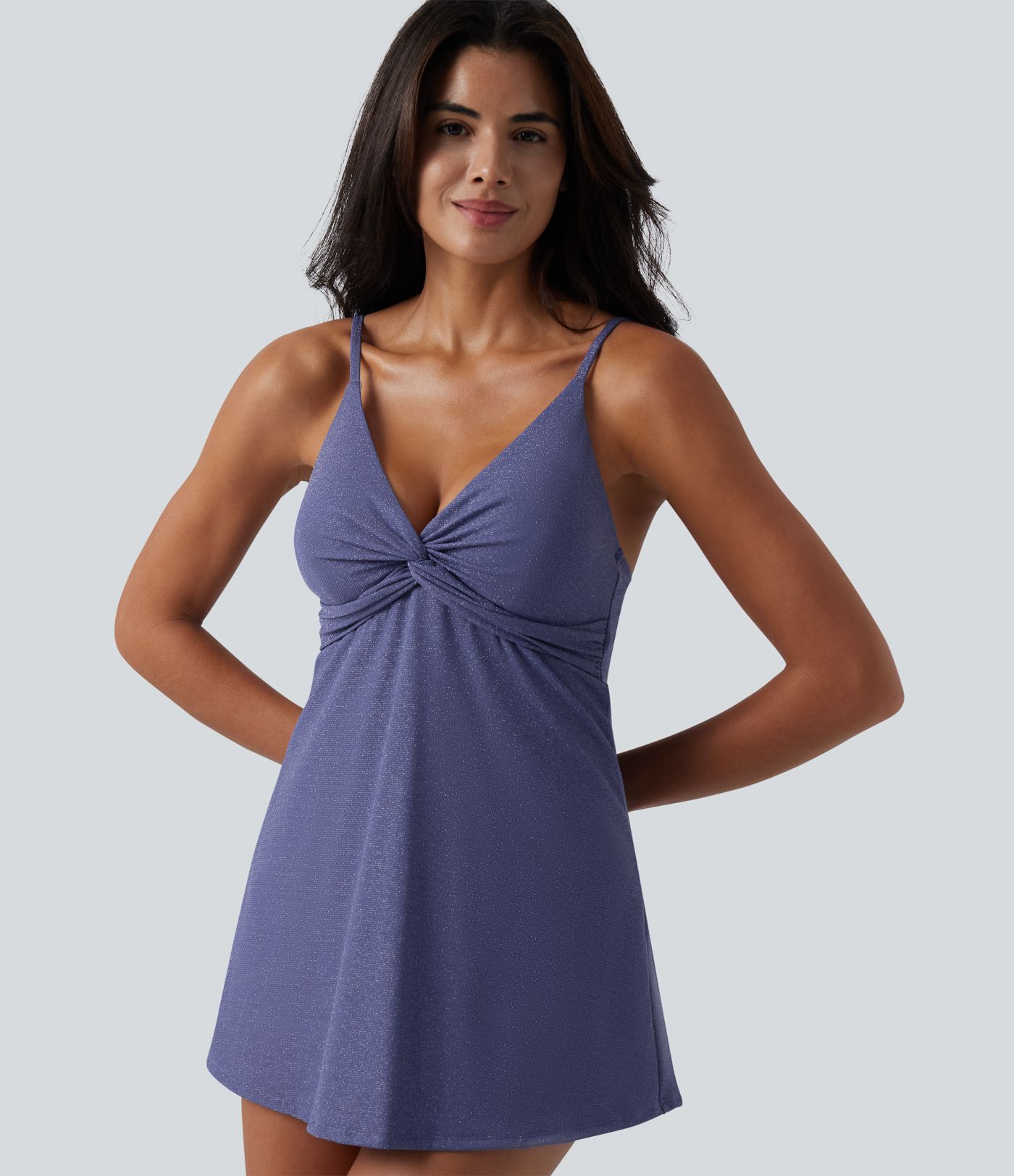 V Neck Built-in Bra Tummy Control One-Piece Metallic Swimsuit with Pockets