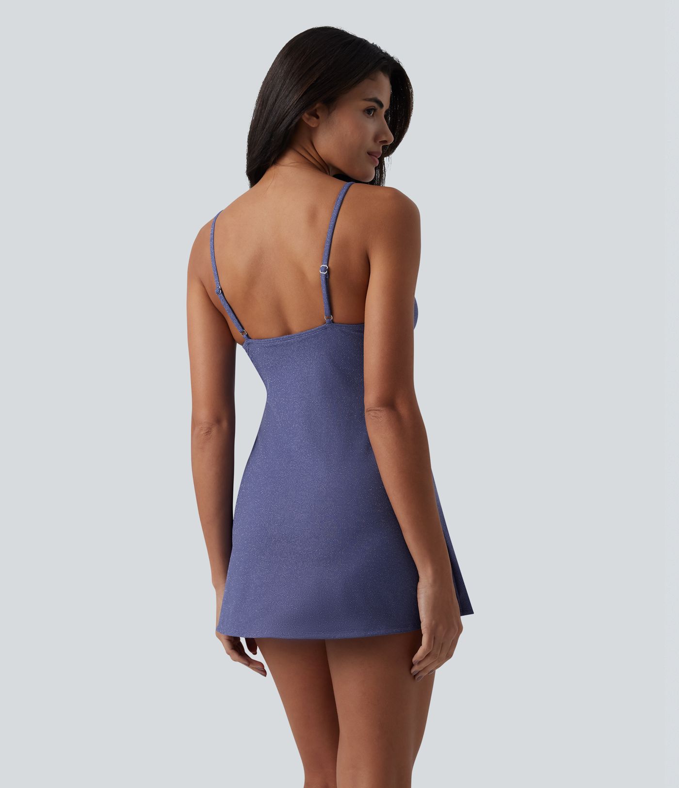 V Neck Built-in Bra Tummy Control One-Piece Metallic Swimsuit with Pockets