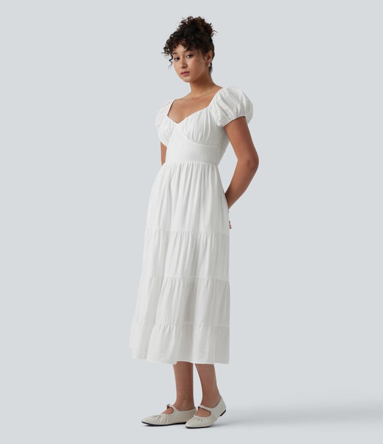 Queen Anne Neck Puff Sleeve Shirred Midi Casual Tiered Dress with Pockets