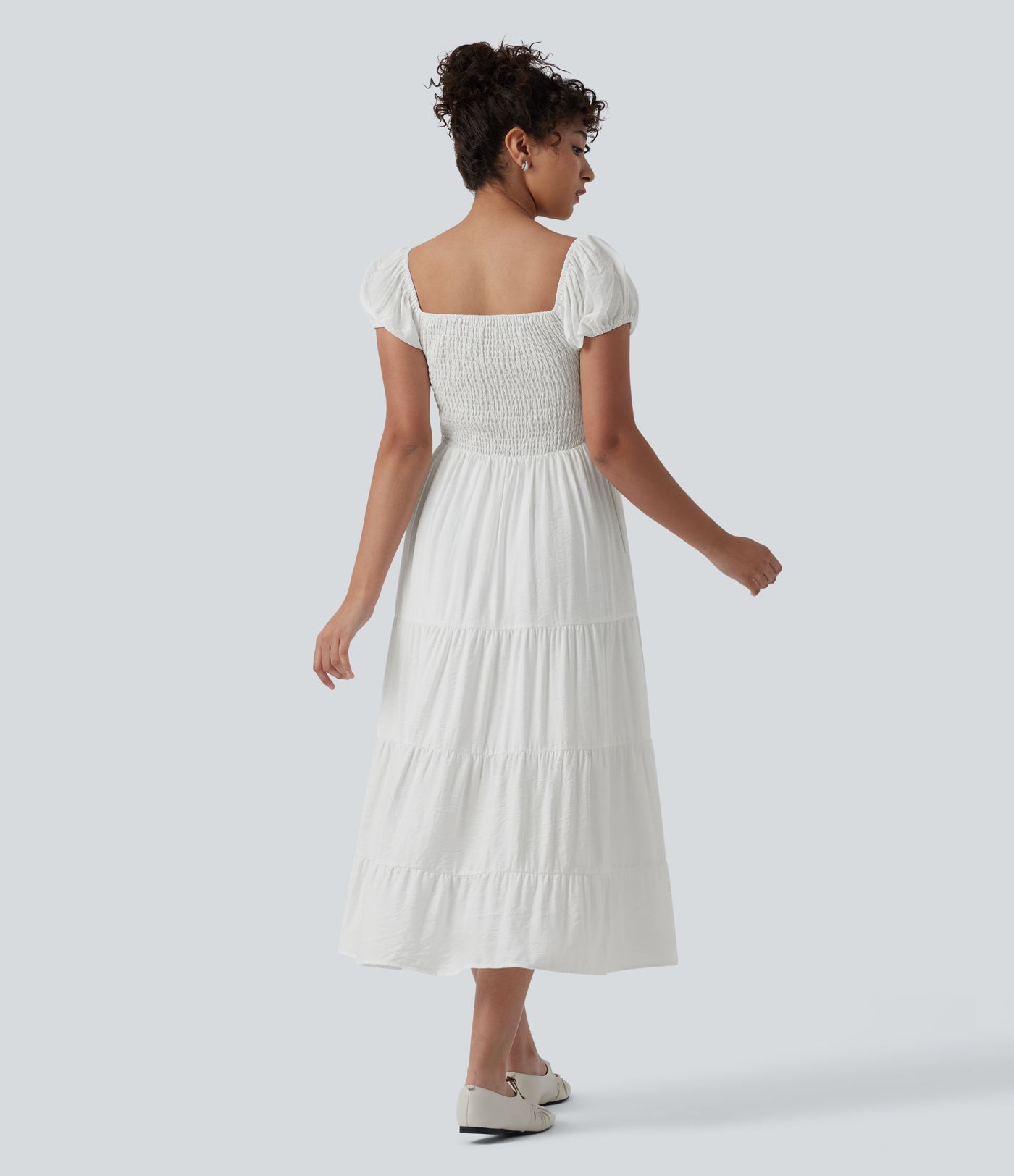 Queen Anne Neck Puff Sleeve Shirred Midi Casual Tiered Dress with Pockets
