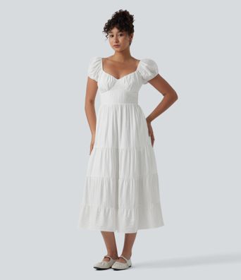 Queen Anne Neck Puff Sleeve Shirred Midi Casual Tiered Dress with Pockets
