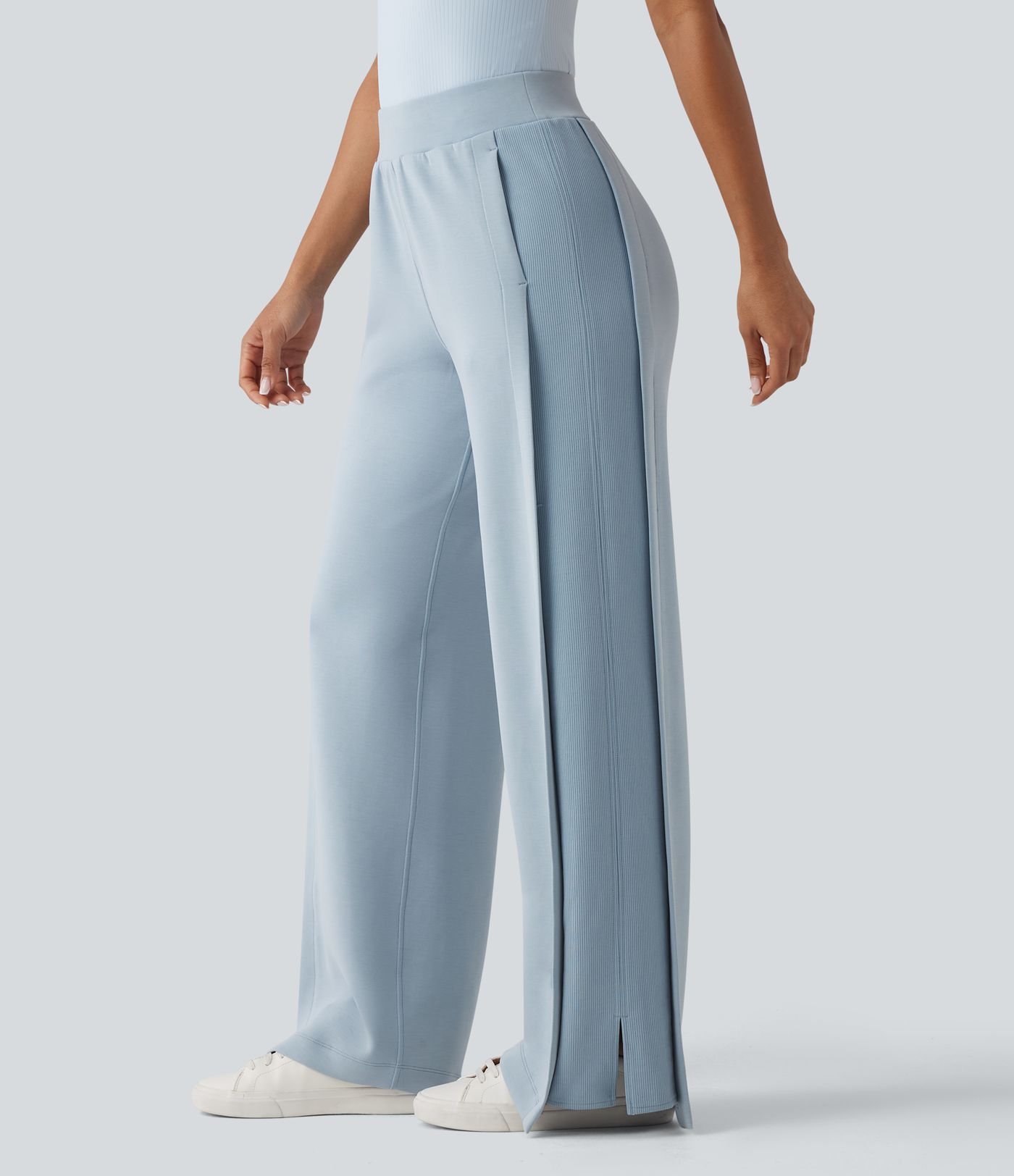 SpacerTek™ High Waisted Inner Drawstring Contrast Ribbed Split Casual Wide Leg Trousers with Pockets