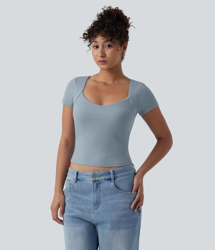 Ribbed Knit Queen Anne Neck Built-in Bra Short Sleeve Casual T-Shirt