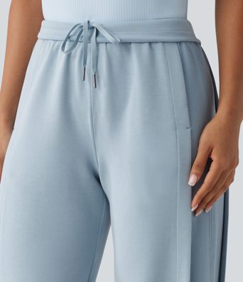SpacerTek™ High Waisted Inner Drawstring Contrast Ribbed Split Casual Wide Leg Trousers with Pockets