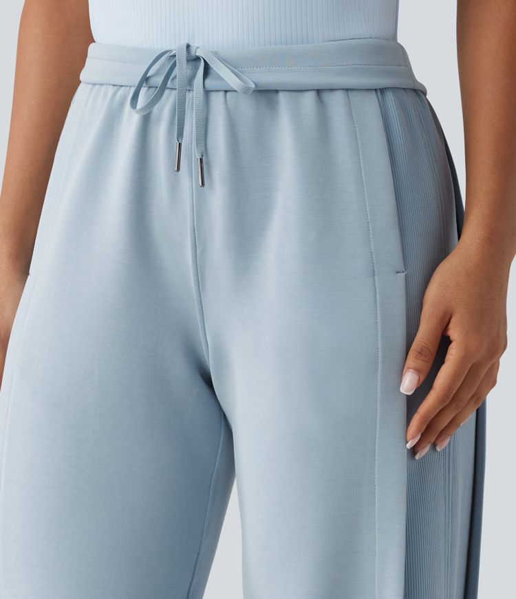 SpacerTek™ High Waisted Inner Drawstring Contrast Ribbed Split Casual Wide Leg Trousers with Pockets