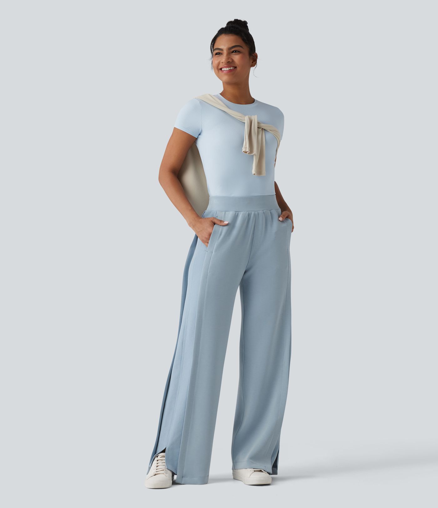 SpacerTek™ High Waisted Inner Drawstring Contrast Ribbed Split Casual Wide Leg Trousers with Pockets