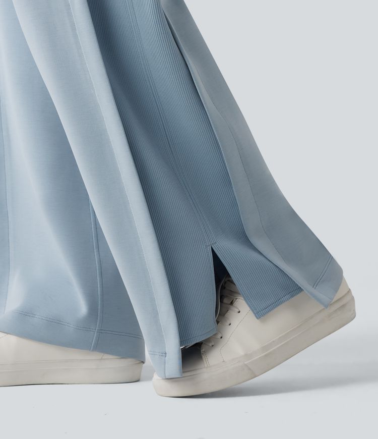 SpacerTek™ High Waisted Inner Drawstring Contrast Ribbed Split Casual Wide Leg Trousers with Pockets