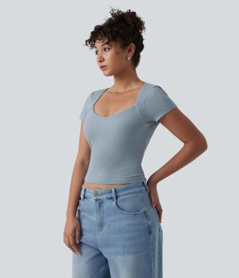 Ribbed Knit Queen Anne Neck Built-in Bra Short Sleeve Casual T-Shirt