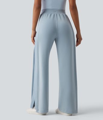 SpacerTek™ High Waisted Inner Drawstring Contrast Ribbed Split Casual Wide Leg Trousers with Pockets