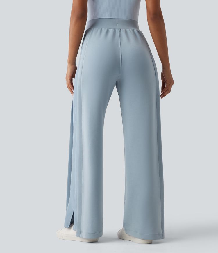 SpacerTek™ High Waisted Inner Drawstring Contrast Ribbed Split Casual Wide Leg Trousers with Pockets