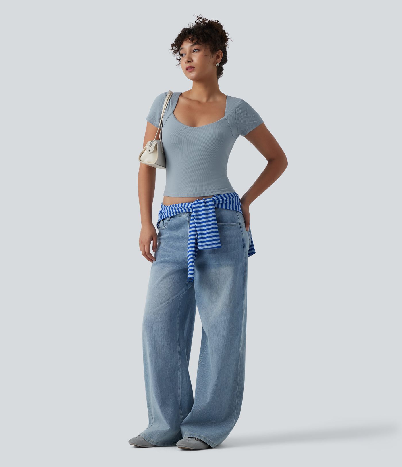 Ribbed Knit Queen Anne Neck Built-in Bra Short Sleeve Casual T-Shirt